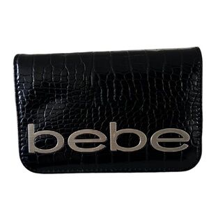 NWOT BEBE FABIOLA embossed crocodile faux leather black clutch missing crossbody